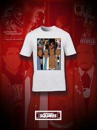 a white t - shirt with a picture of a group of men