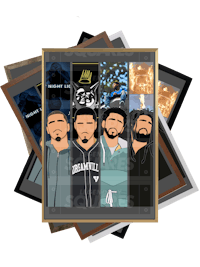 a group of framed pictures of men with beards