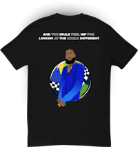 a black t - shirt with an image of a man holding a globe