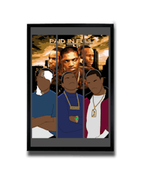 a framed poster with three men standing next to each other