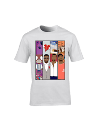 a white t - shirt with a group of people on it