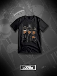 a black t - shirt with an image of a man and a woman