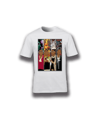a white t - shirt with a group of people on it