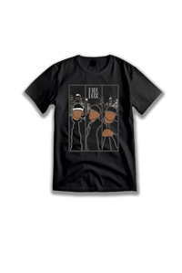 a black t - shirt with an image of a man and a woman
