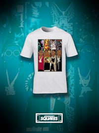 a white t - shirt with a group of people on it