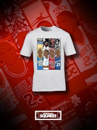 a white t - shirt with basketball players on it