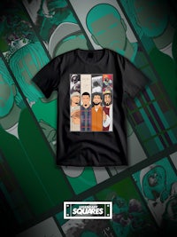 a black t - shirt with a group of people on it