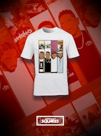 a white t - shirt with a picture of a group of men