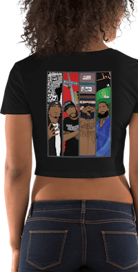 a woman wearing a black crop top with an image of a man and a woman