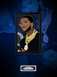a framed picture of a rapper with a gold ring on his head