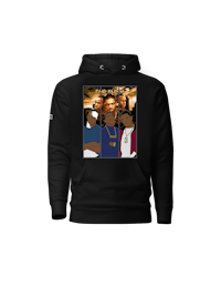 a black hoodie with an image of a group of people