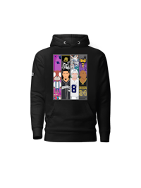 a black hoodie with different characters on it