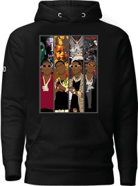 a black hoodie with a group of people on it