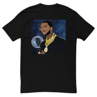 a black t - shirt with an image of a man holding a microphone