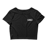 a black cropped t - shirt with a white logo on it