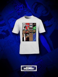 a white t - shirt with an image of a man and a woman
