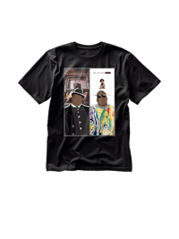 a black t - shirt with a picture of a man and a woman