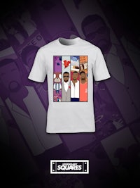 a white t - shirt with a group of people on it