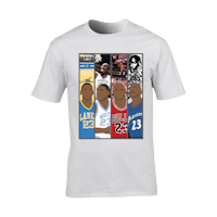 a white t - shirt with the image of the nba players