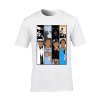 a white t - shirt with a group of people on it