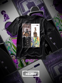 a black t - shirt with a picture of a man and a woman