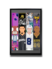 a framed poster with nba characters on it