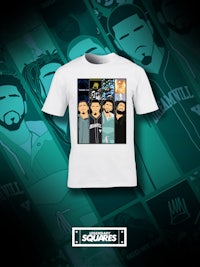 a white t - shirt with a group of people on it
