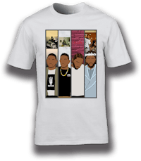 a white t - shirt with a group of people on it