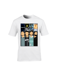 a white t - shirt with a group of people on it