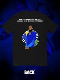 a black t - shirt with an image of a man in a blue shirt
